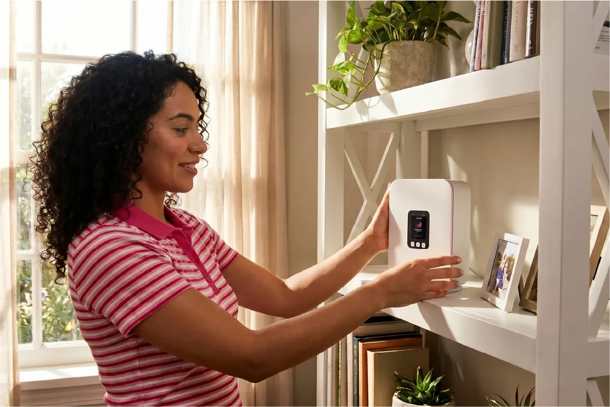 Woman placing her 5G home gateway router on a shelf close to the window